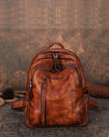 Best Black Gray Leather Rucksack Bag Womens Vintage School Backpack With Rivet Leather Backpack Purse