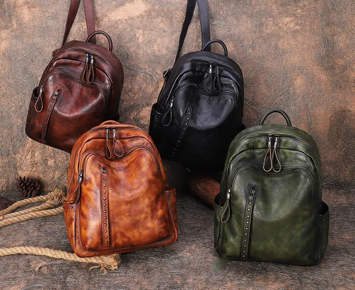 Best Black Gray Leather Rucksack Bag Womens Vintage School Backpack With Rivet Leather Backpack Purse