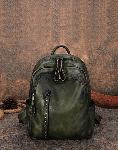 Best Black Gray Leather Rucksack Bag Womens Vintage School Backpack With Rivet Leather Backpack Purse