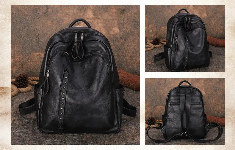 Best Black Gray Leather Rucksack Bag Womens Vintage School Backpack With Rivet Leather Backpack Purse