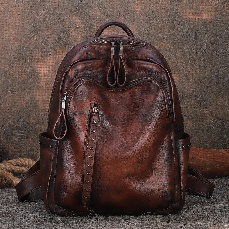 Best Black Gray Leather Rucksack Bag Womens Vintage School Backpack With Rivet Leather Backpack Purse