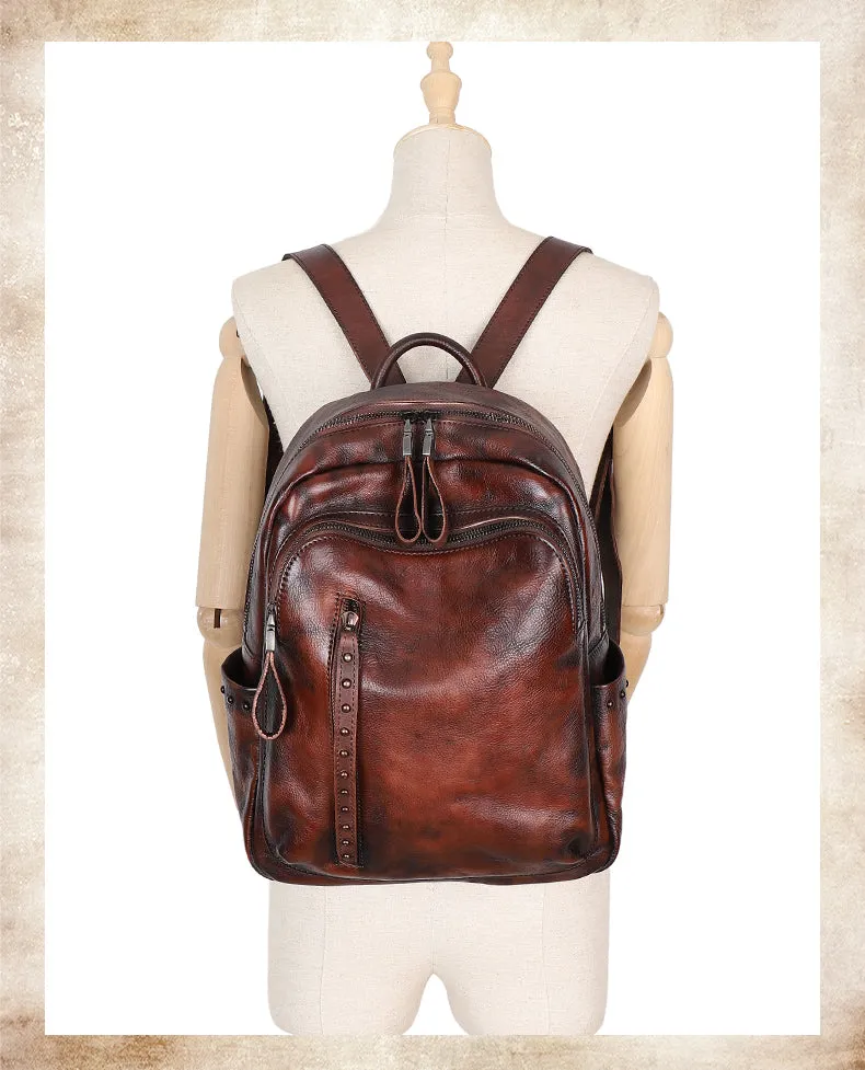 Best Black Gray Leather Rucksack Bag Womens Vintage School Backpack With Rivet Leather Backpack Purse