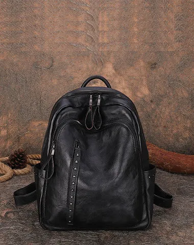 Best Black Gray Leather Rucksack Bag Womens Vintage School Backpack With Rivet Leather Backpack Purse