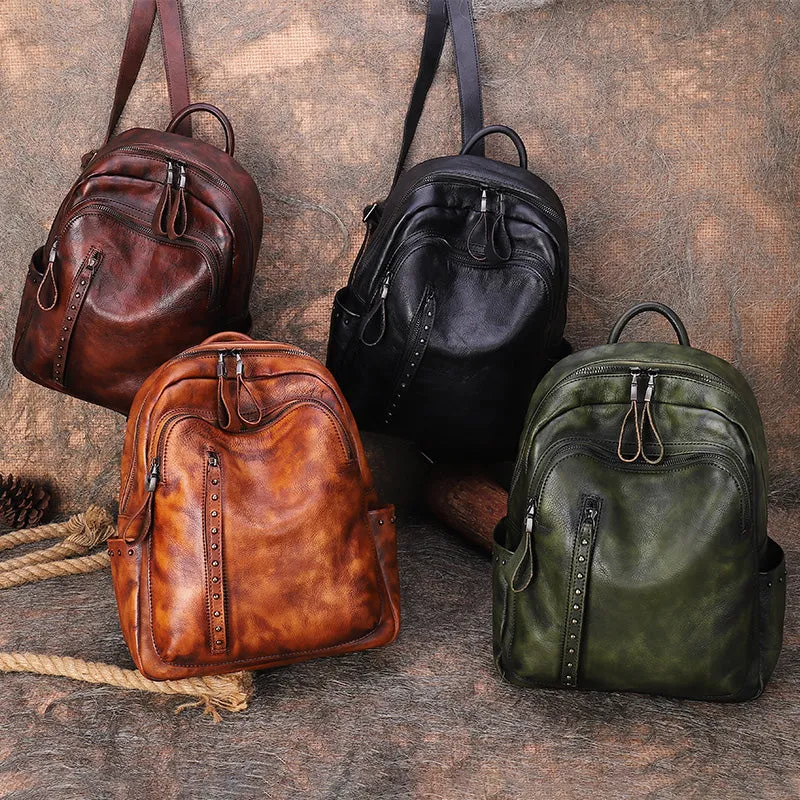 Best Black Gray Leather Rucksack Bag Womens Vintage School Backpack With Rivet Leather Backpack Purse