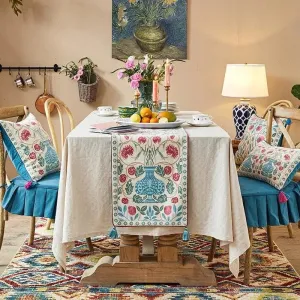 Blue Bohemian Floral Wool Table Runner with Tassels
