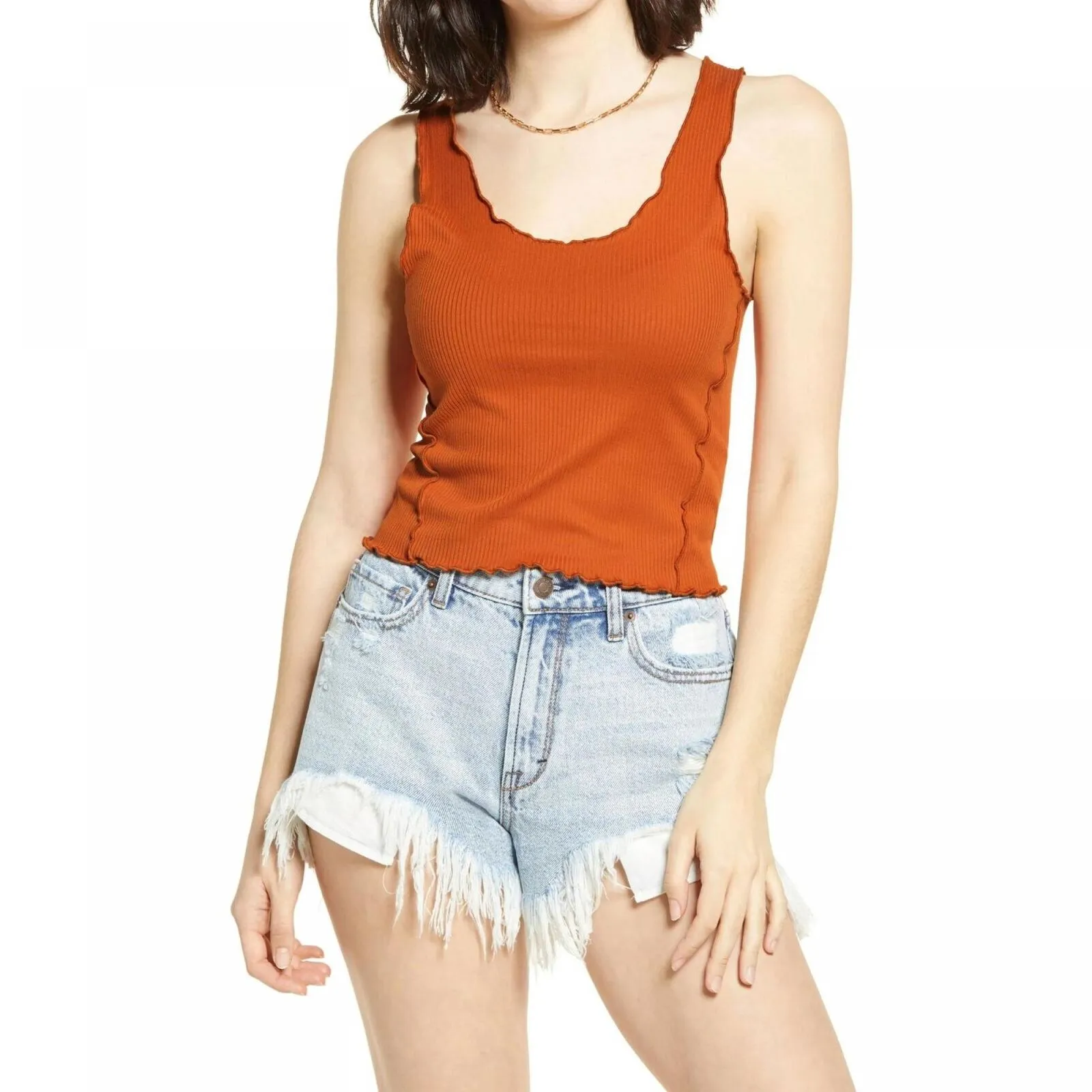 BP. Women's Cropped Lettuce Edge Rib Knit Tank Top