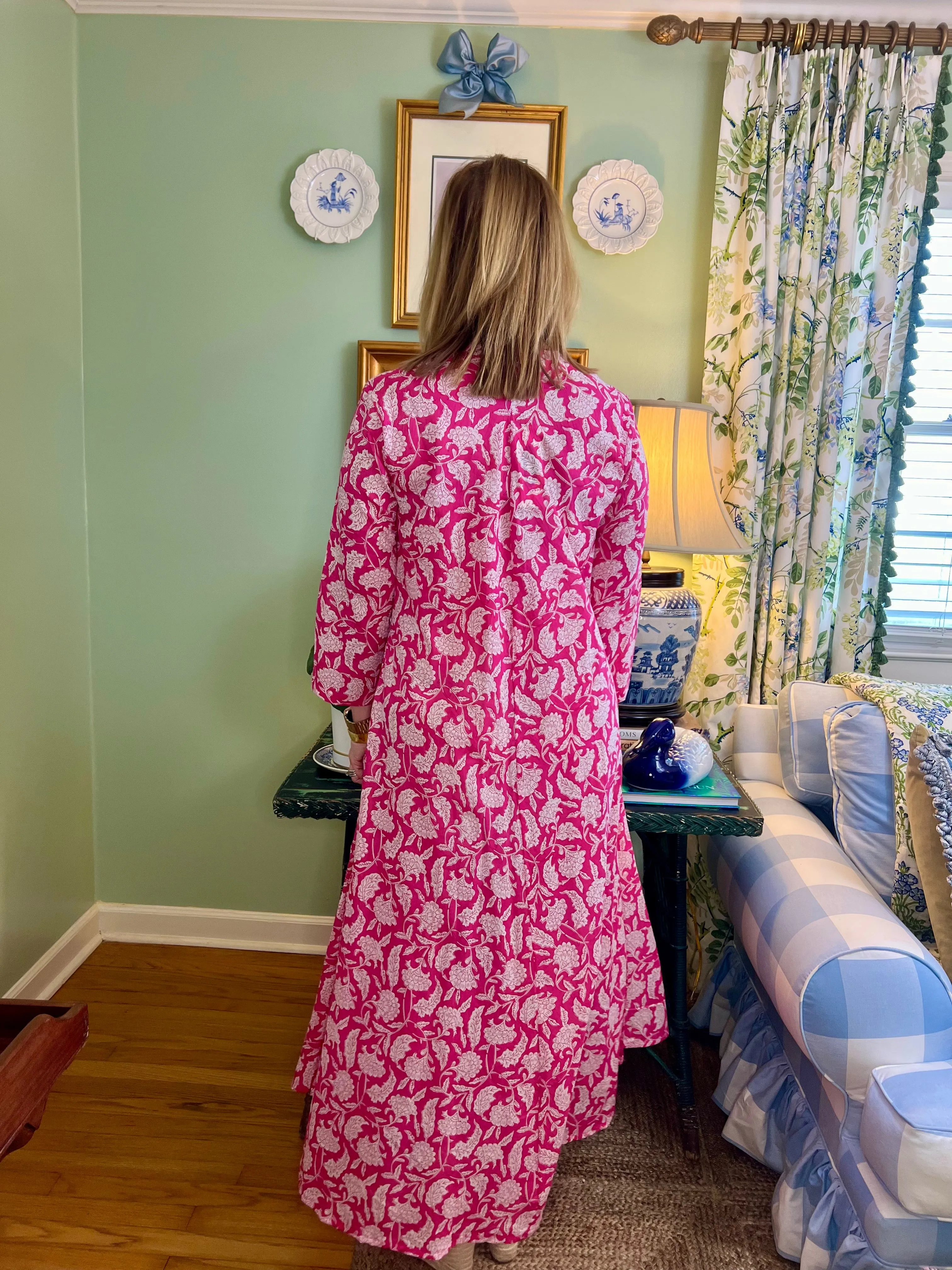 Calypso Blockprint A-line Midi Dress in Pink