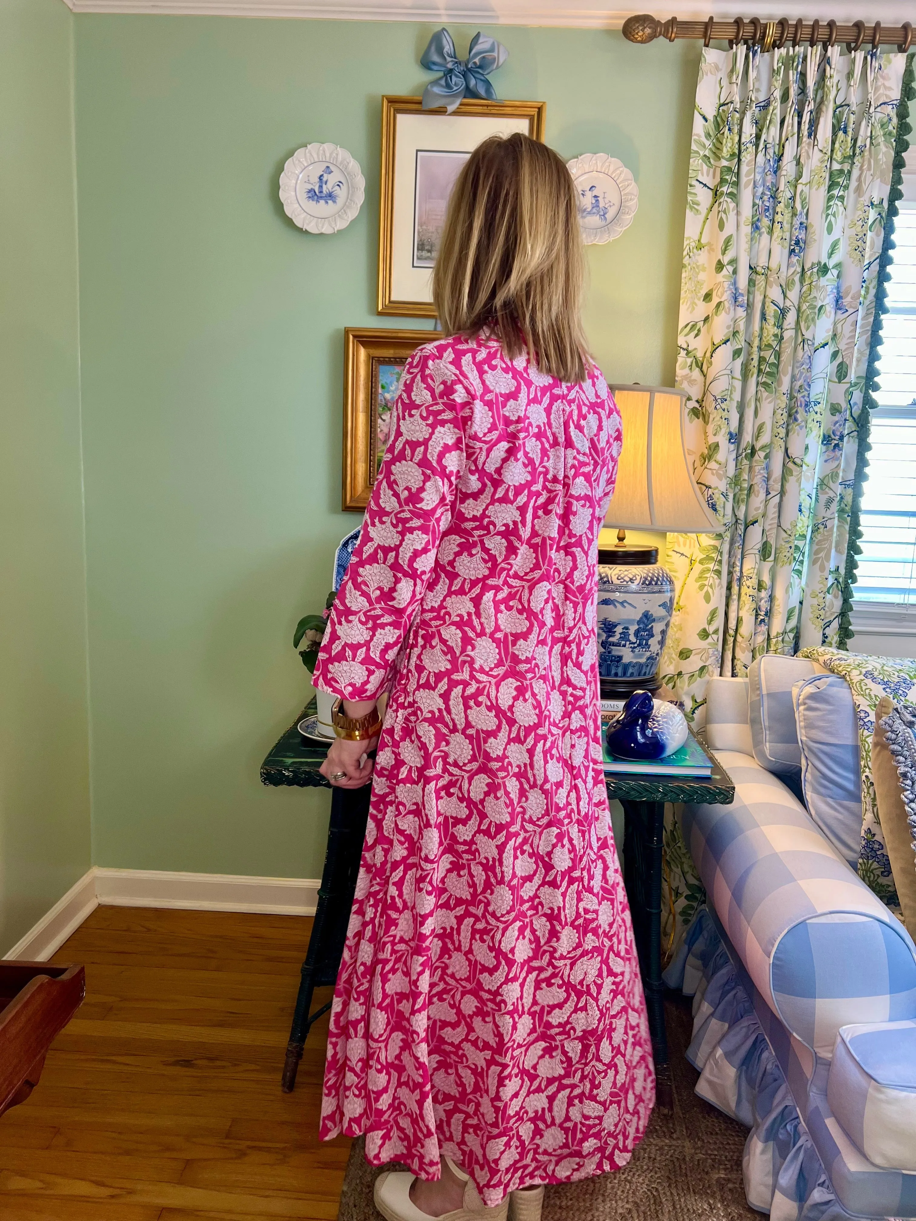 Calypso Blockprint A-line Midi Dress in Pink