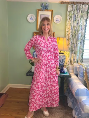 Calypso Blockprint A-line Midi Dress in Pink