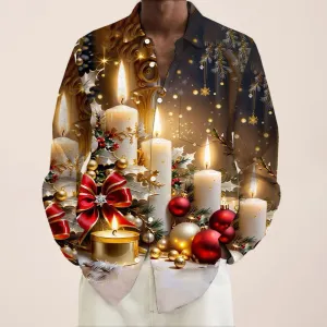 Christmas Candle Print Men's Button Pocket Long Sleeve Shirt