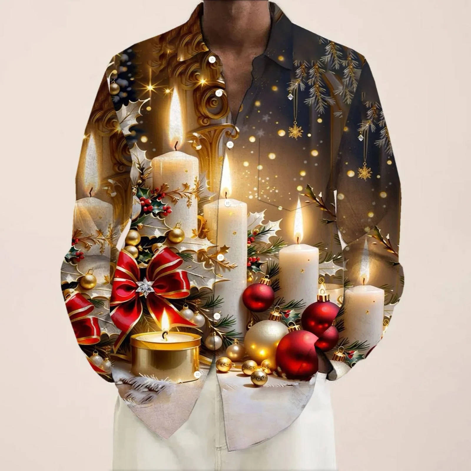 Christmas Candle Print Men's Button Pocket Long Sleeve Shirt