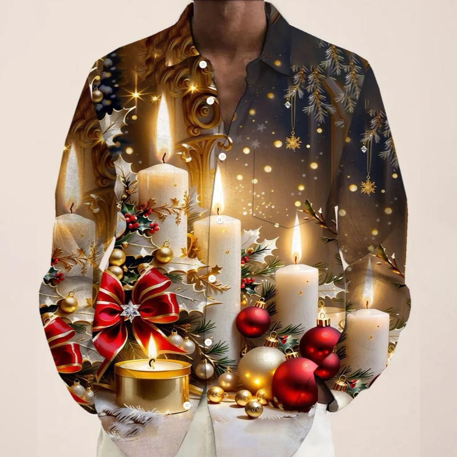 Christmas Candle Print Men's Button Pocket Long Sleeve Shirt