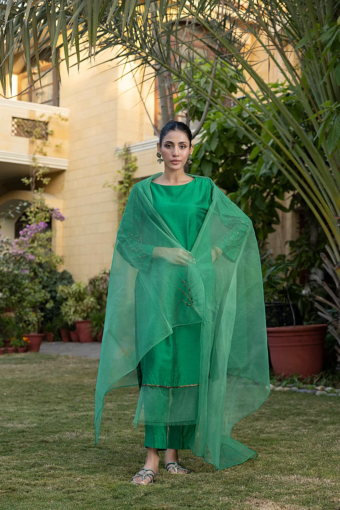 Classic Green Hand-Embroidered stitched 3-piece