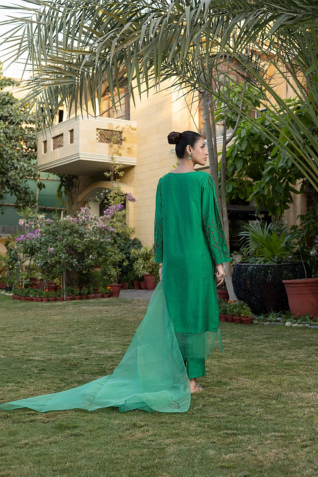 Classic Green Hand-Embroidered stitched 3-piece