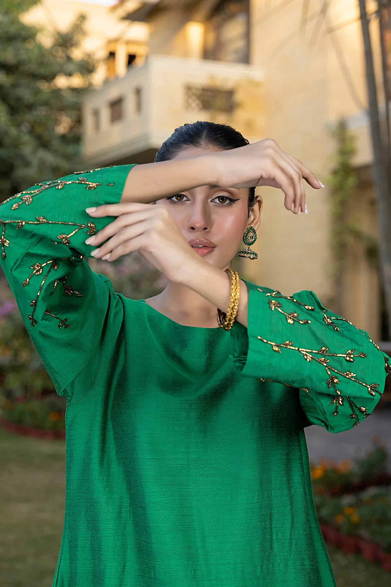 Classic Green Hand-Embroidered stitched 3-piece