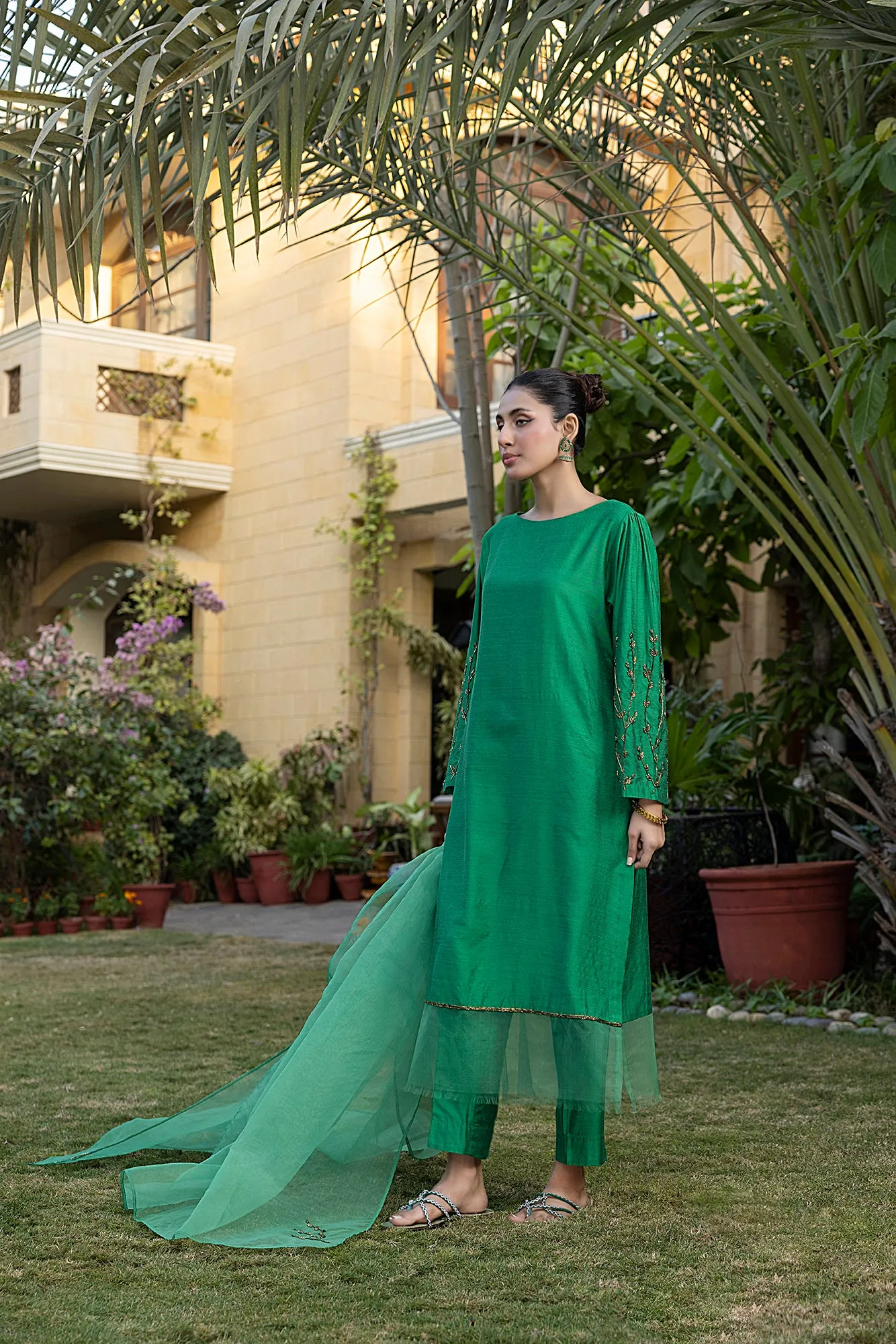 Classic Green Hand-Embroidered stitched 3-piece
