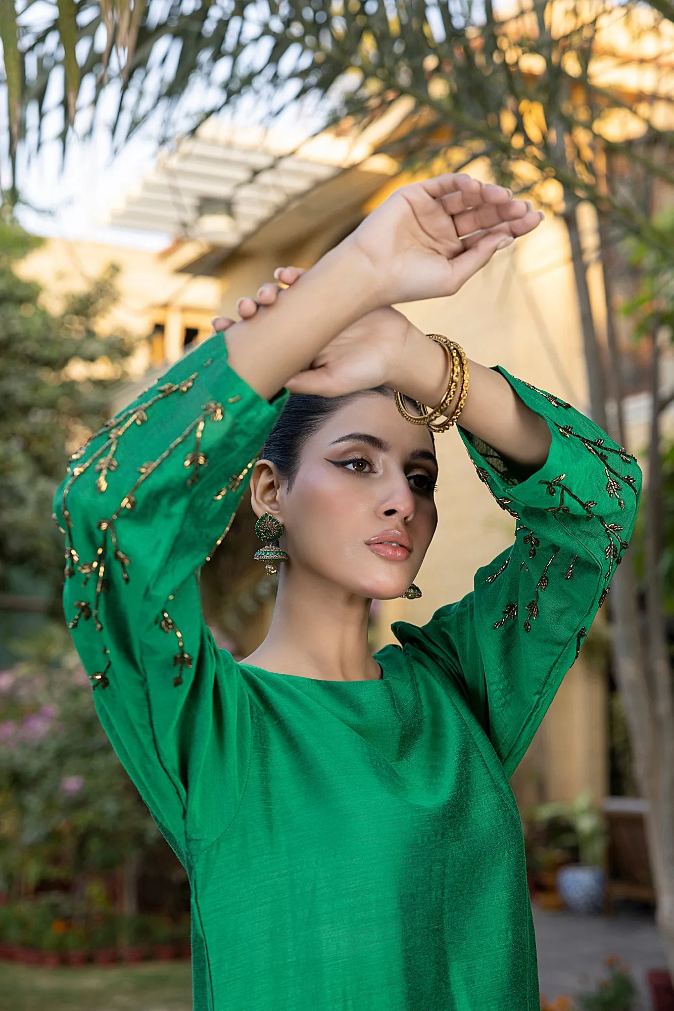 Classic Green Hand-Embroidered stitched 3-piece