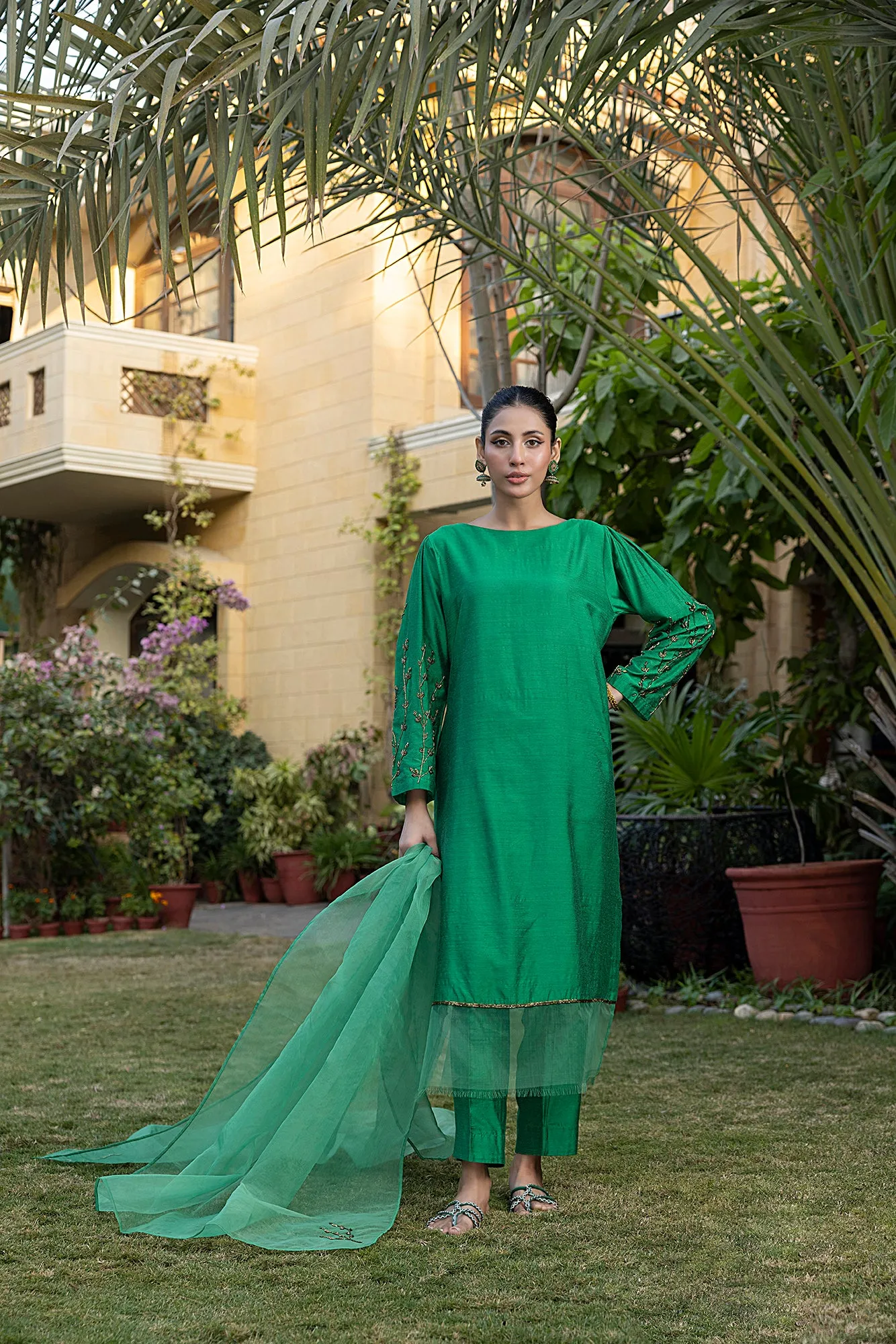 Classic Green Hand-Embroidered stitched 3-piece