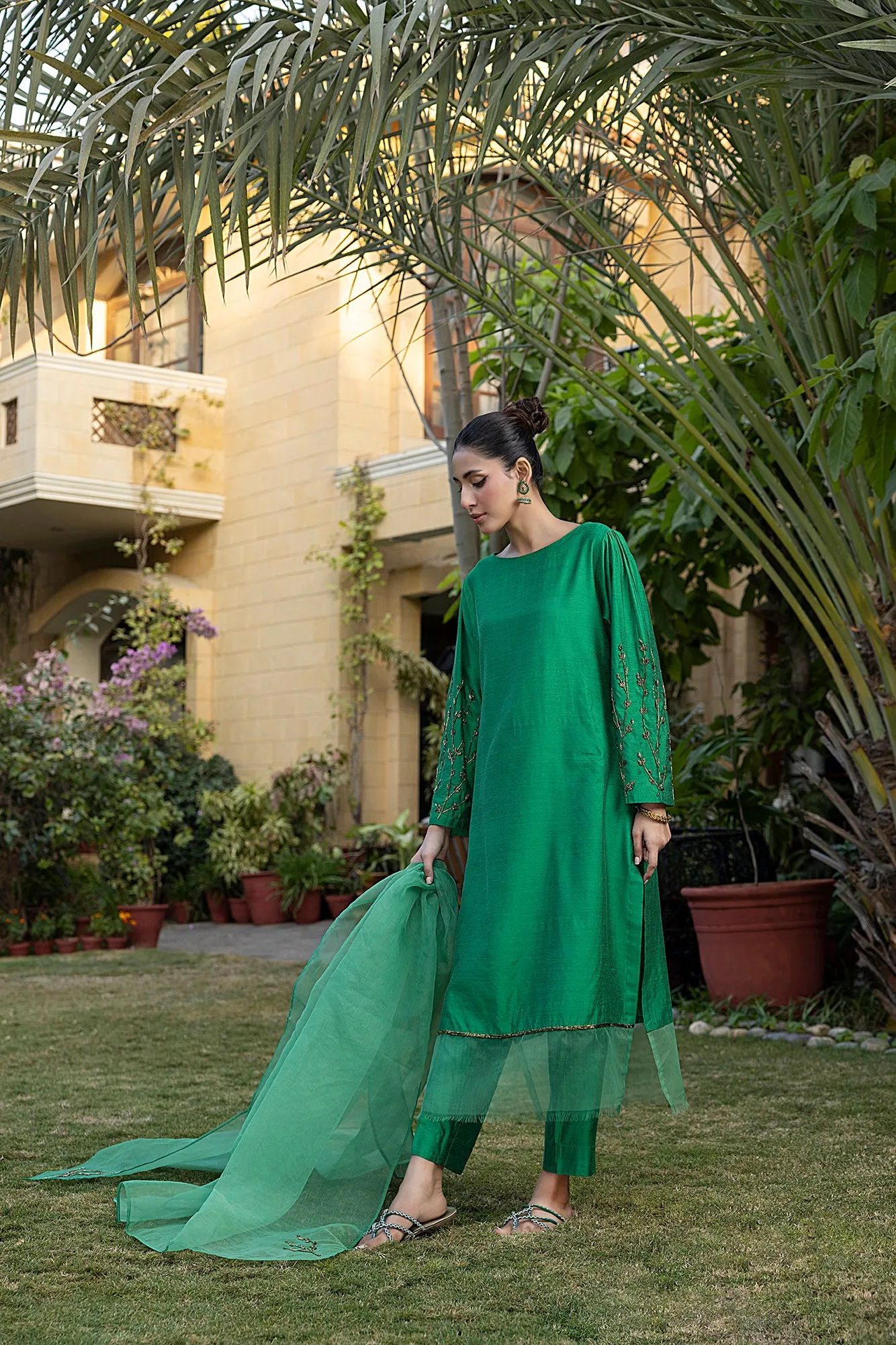 Classic Green Hand-Embroidered stitched 3-piece