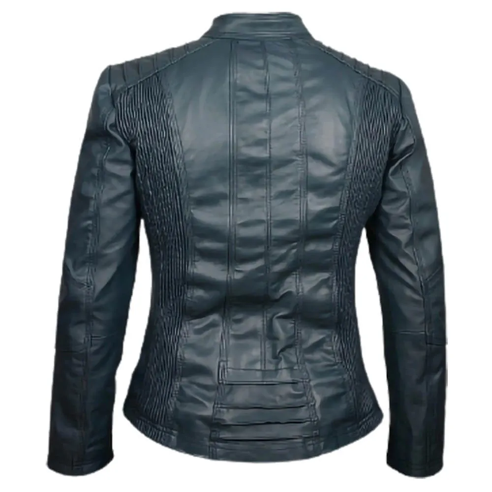 Classic Style Womens Cafe Racer Green Biker Leather Jacket