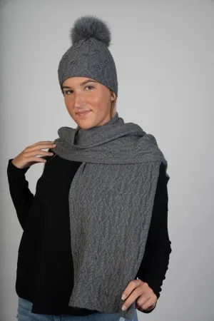 Dark Grey  Wool Hat w/ Fox PomPom & Scarf Set