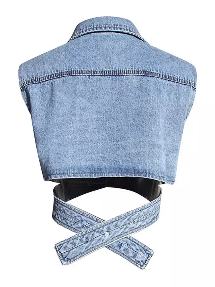 Denim Vest and White Cotton Shirt Two Pieces Single Breasted Top