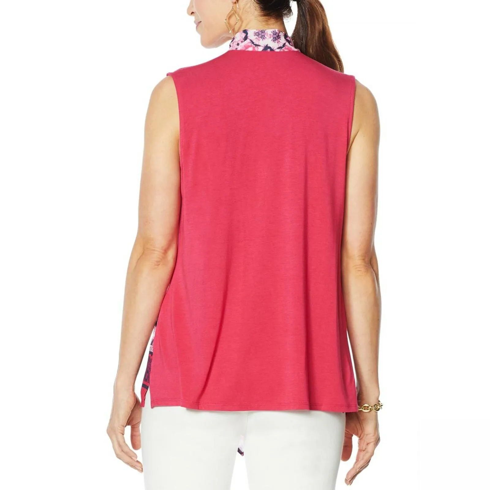 DG2 by Diane Gilman Colorblock Print and Solid Tank Top with Scarf Berry Plus 2X