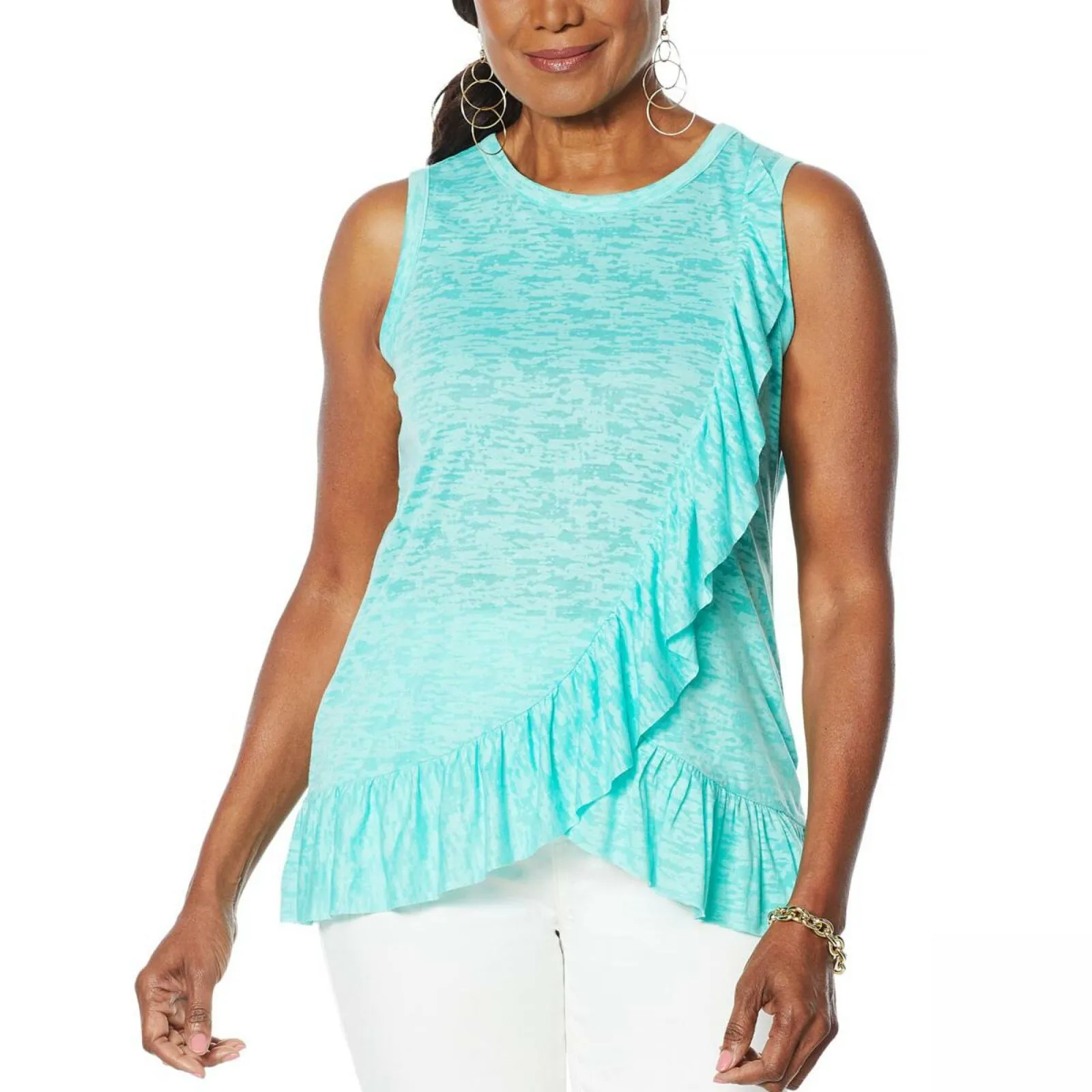 DG2 by Diane Gilman Women's Burnout Ruffle Tank Top Aqua Large