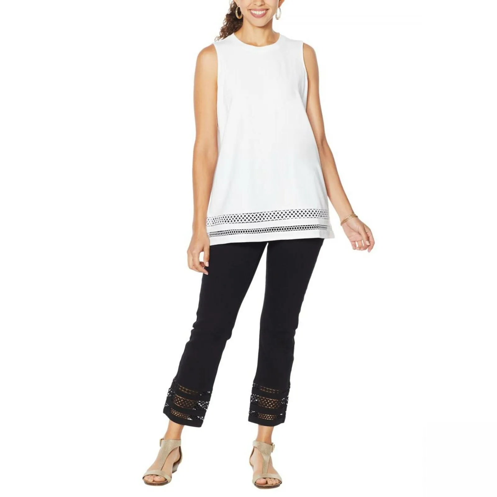 DG2 by Diane Gilman Women's Crochet Trim Tank Top Ivory Small