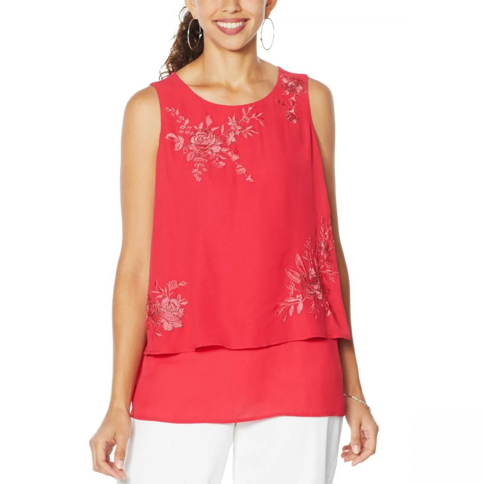 DG2 by Diane Gilman Women's Plus Size Embroidered Mixed Media Tank Top
