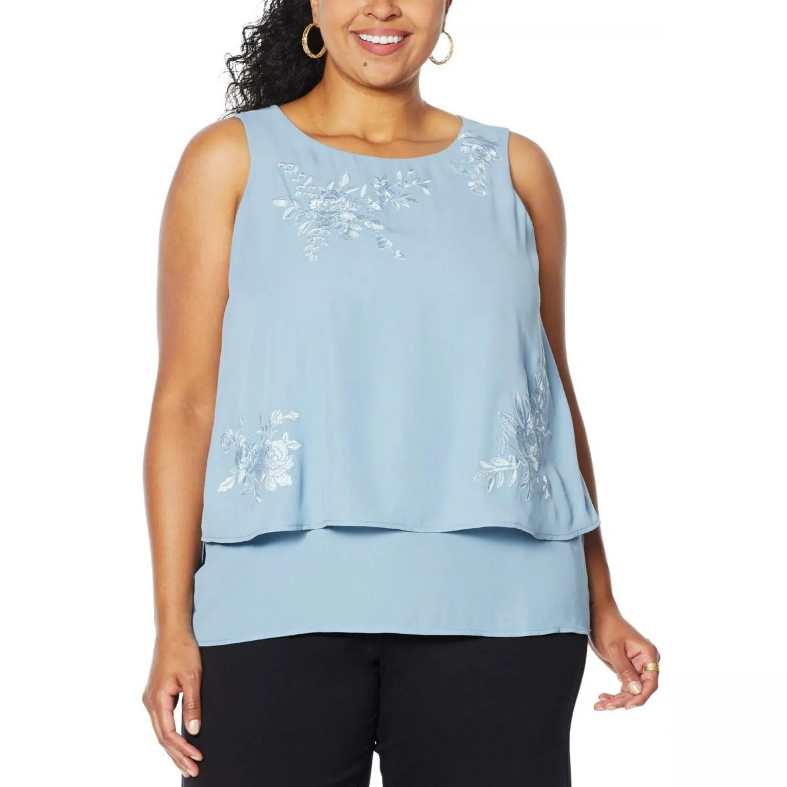 DG2 by Diane Gilman Women's Plus Size Embroidered Mixed Media Tank Top