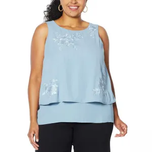 DG2 by Diane Gilman Women's Plus Size Embroidered Mixed Media Tank Top
