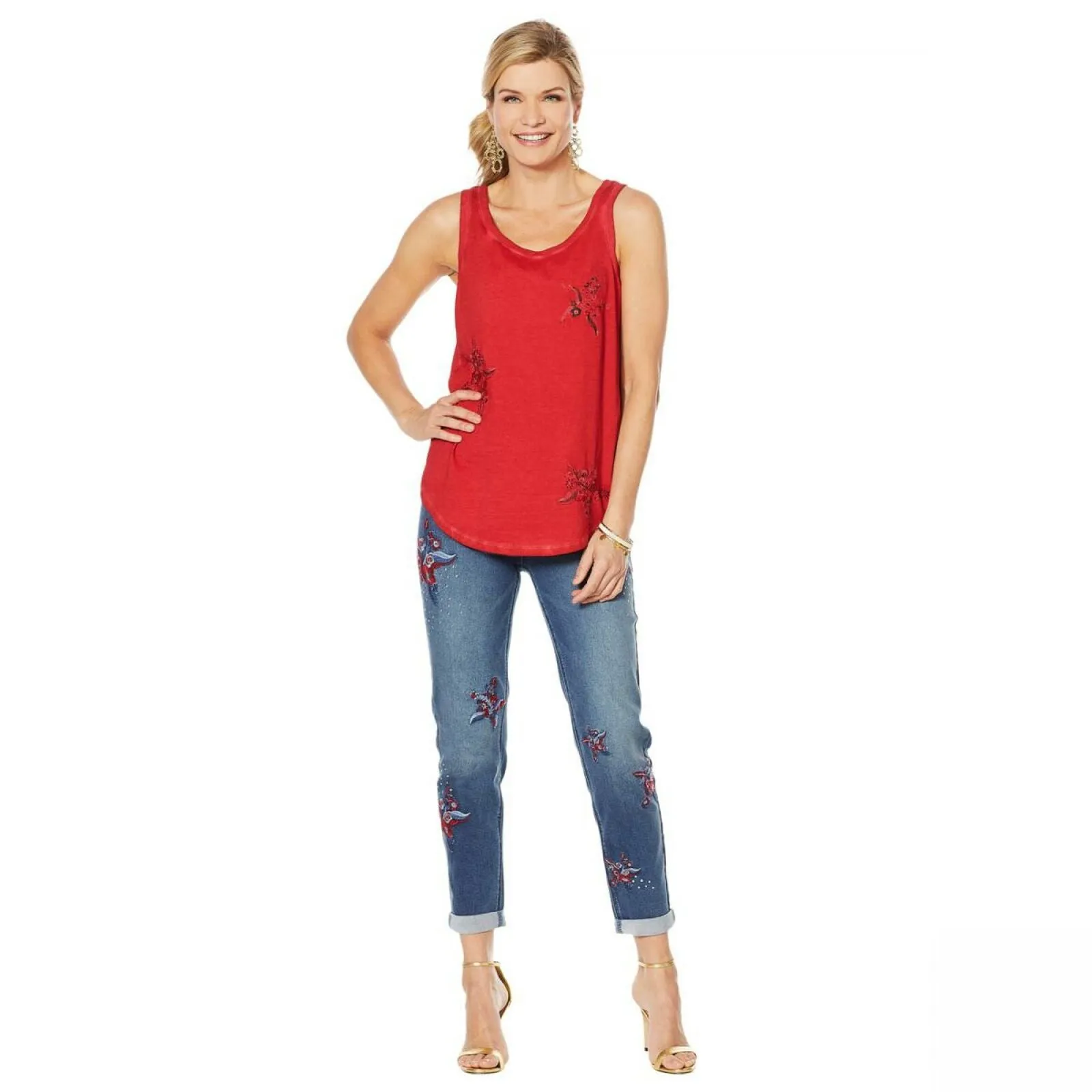 DG2 by Diane Gilman Women's Plus Size Embroidered Star Tank Top