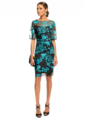 Embroidery Illusion Dress in Teal