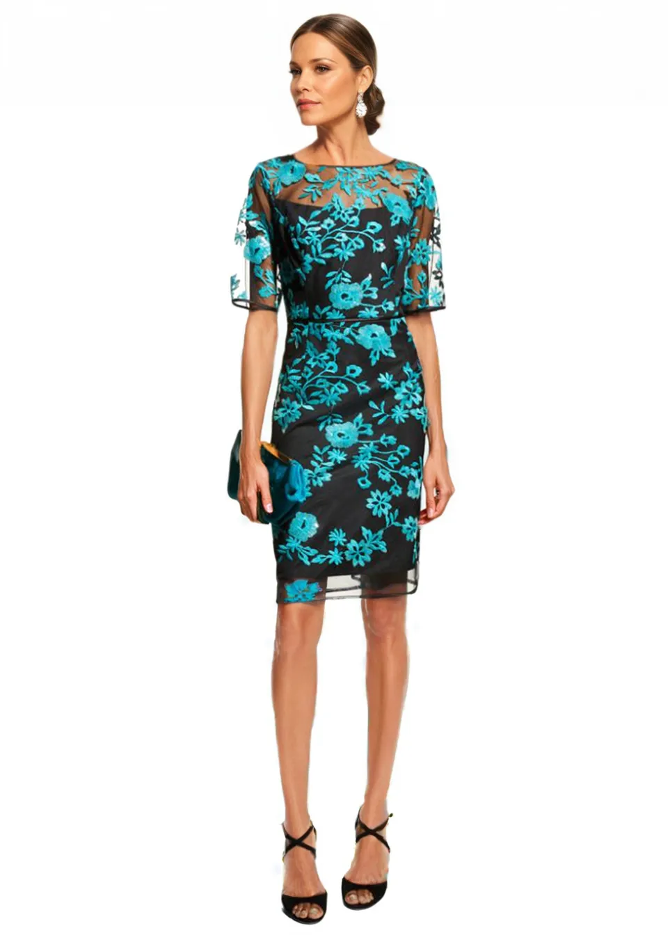 Embroidery Illusion Dress in Teal