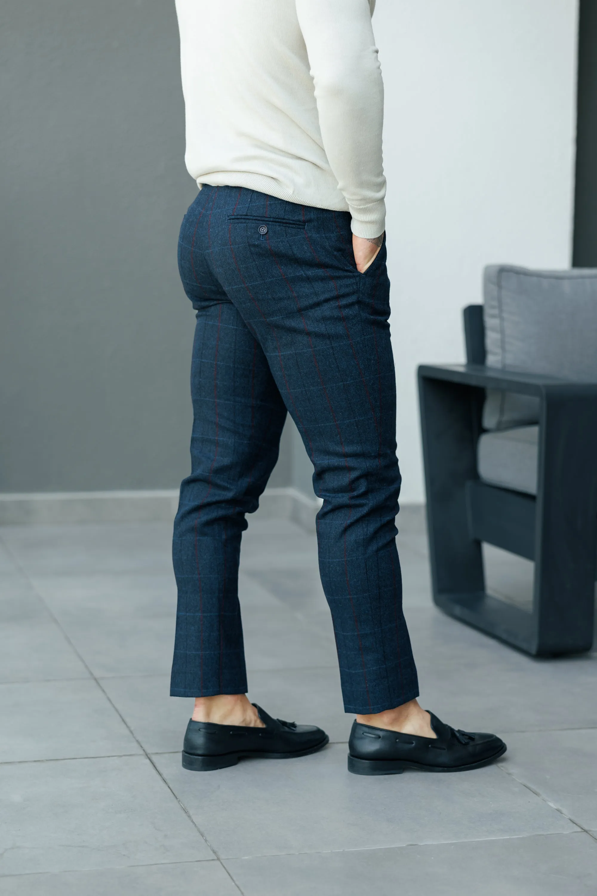 Father Sons Relaxed Formal Navy / Burgundy Check Trouser - FSTR016