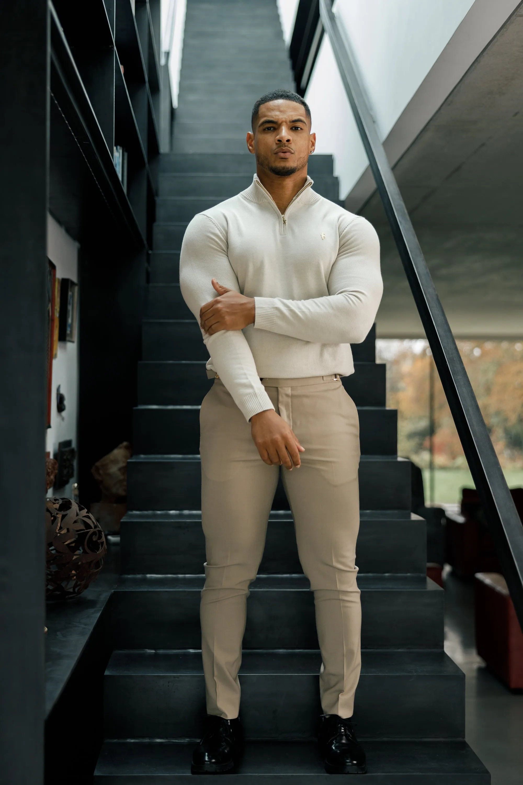 Father Sons Slim Formal Beige Stretch Trousers With Gold Waist Adjusters - FST017
