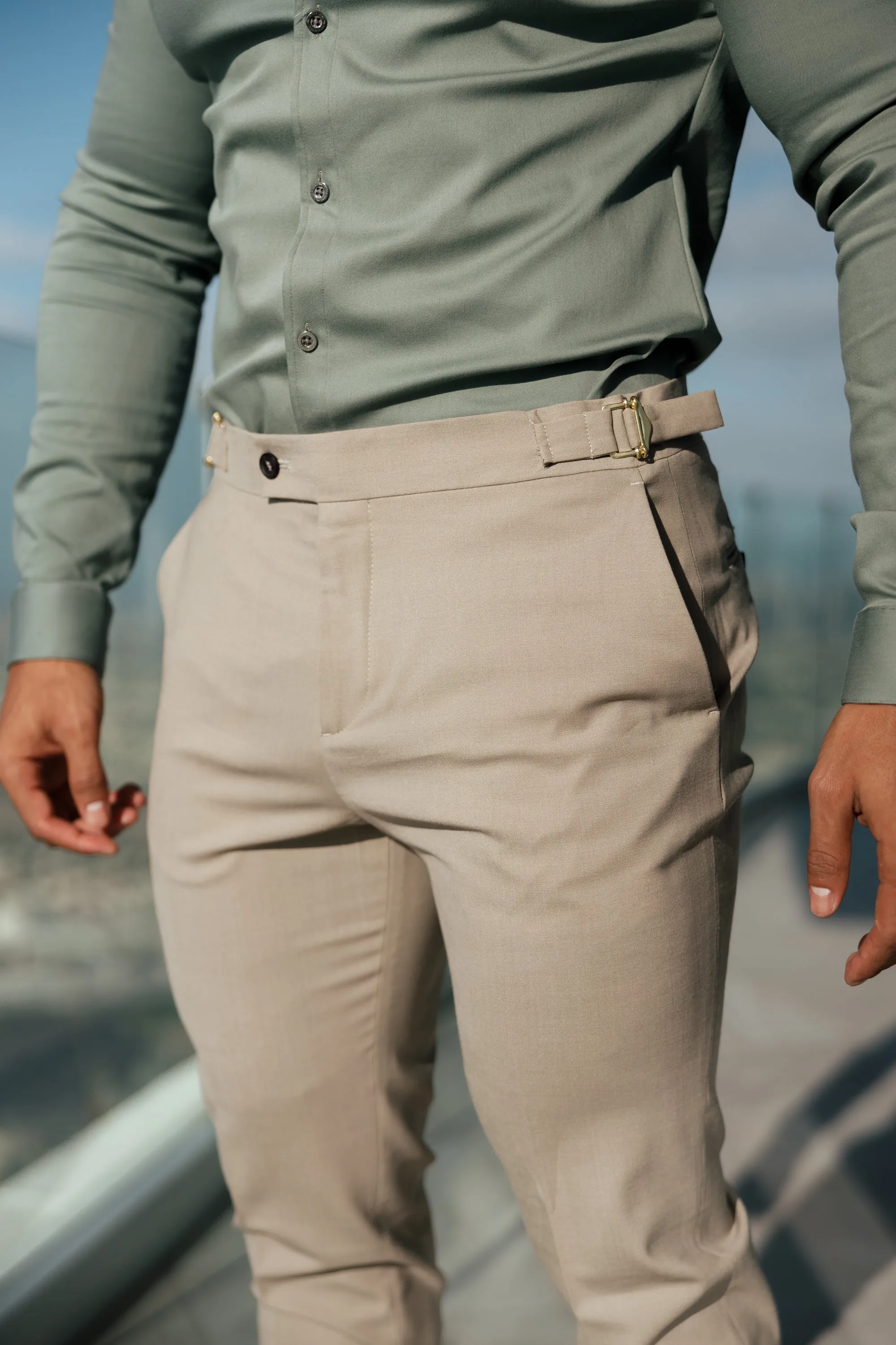 Father Sons Slim Formal Beige Stretch Trousers With Gold Waist Adjusters - FST017