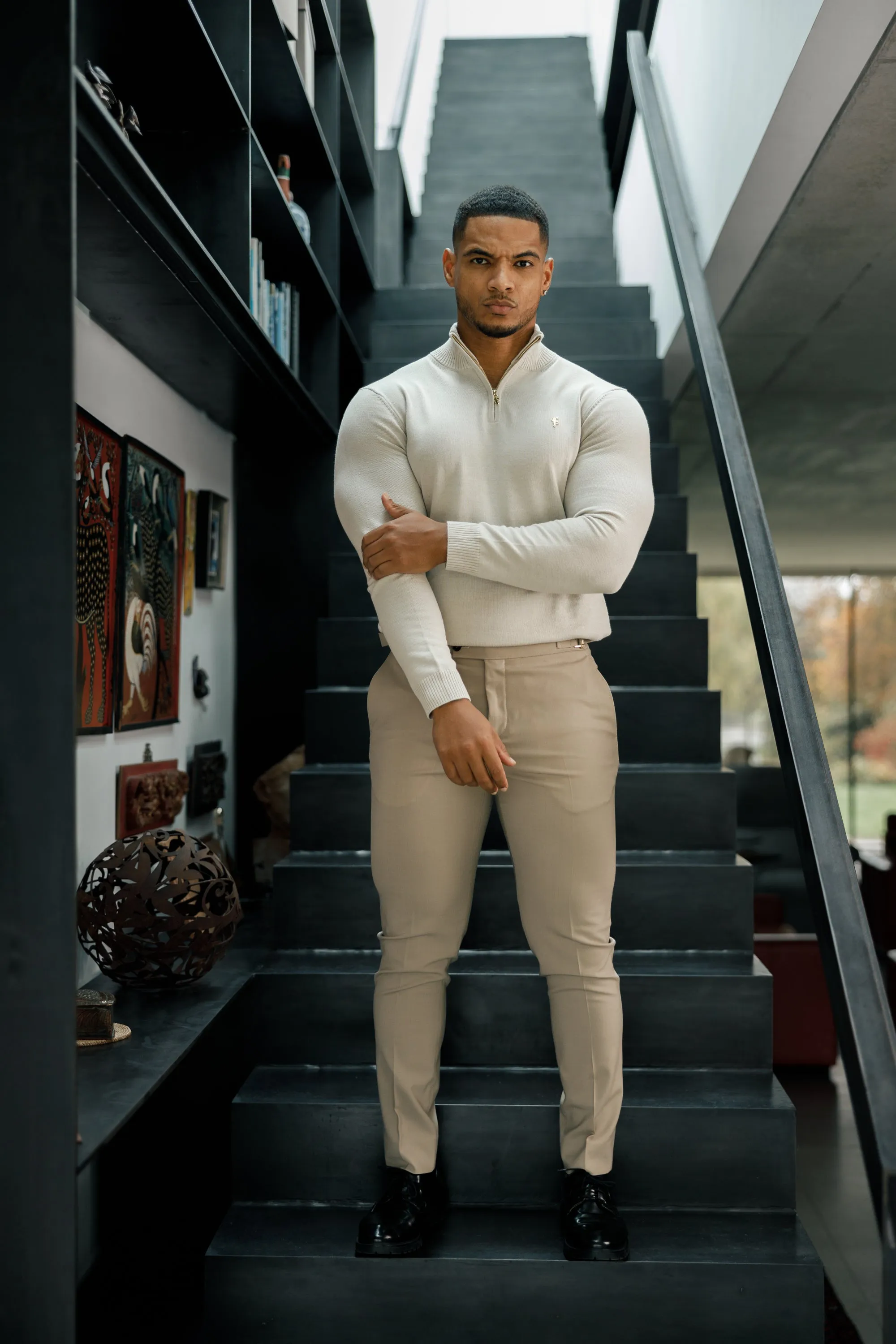 Father Sons Slim Formal Beige Stretch Trousers With Gold Waist Adjusters - FST017