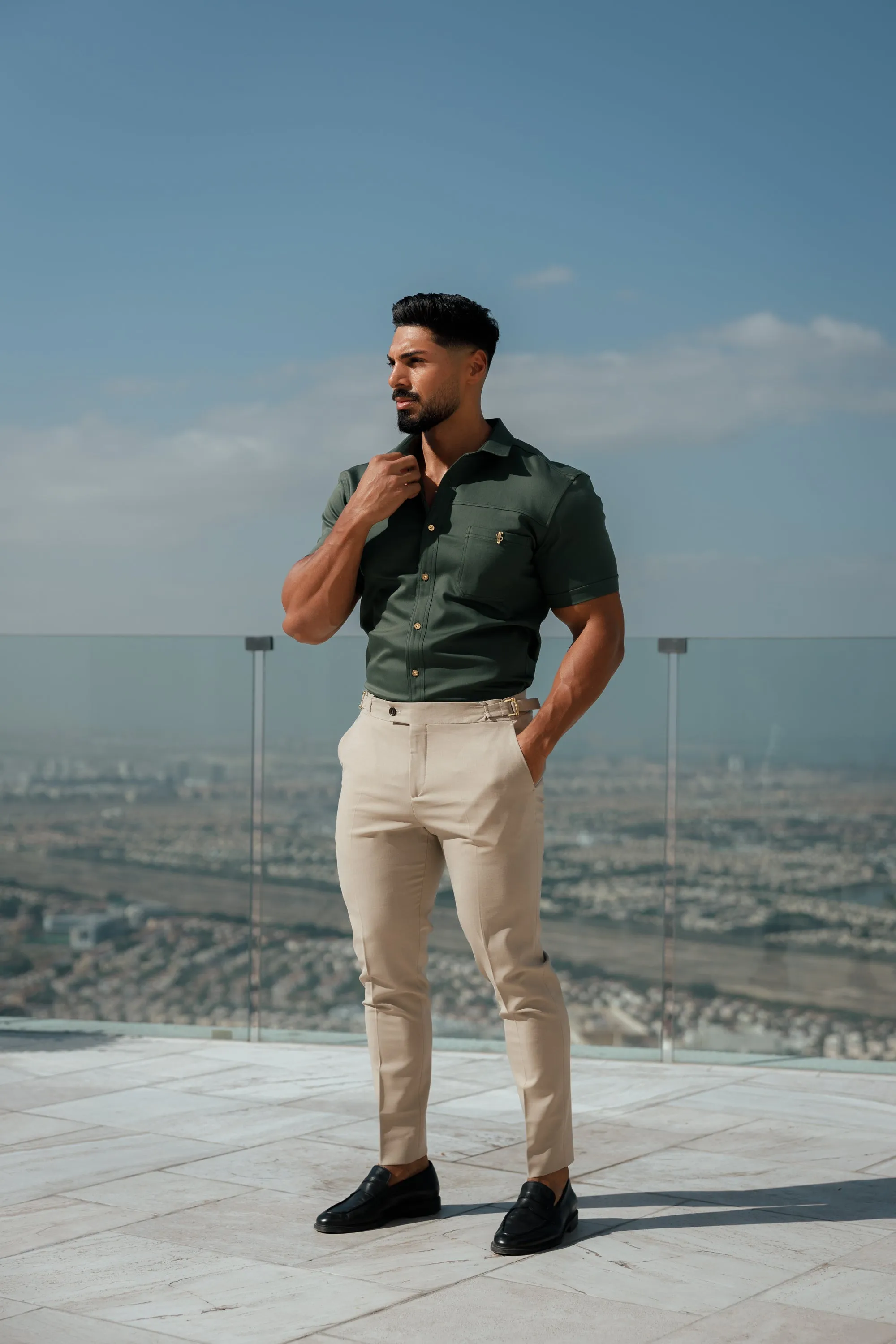 Father Sons Slim Formal Beige Stretch Trousers With Gold Waist Adjusters - FST017