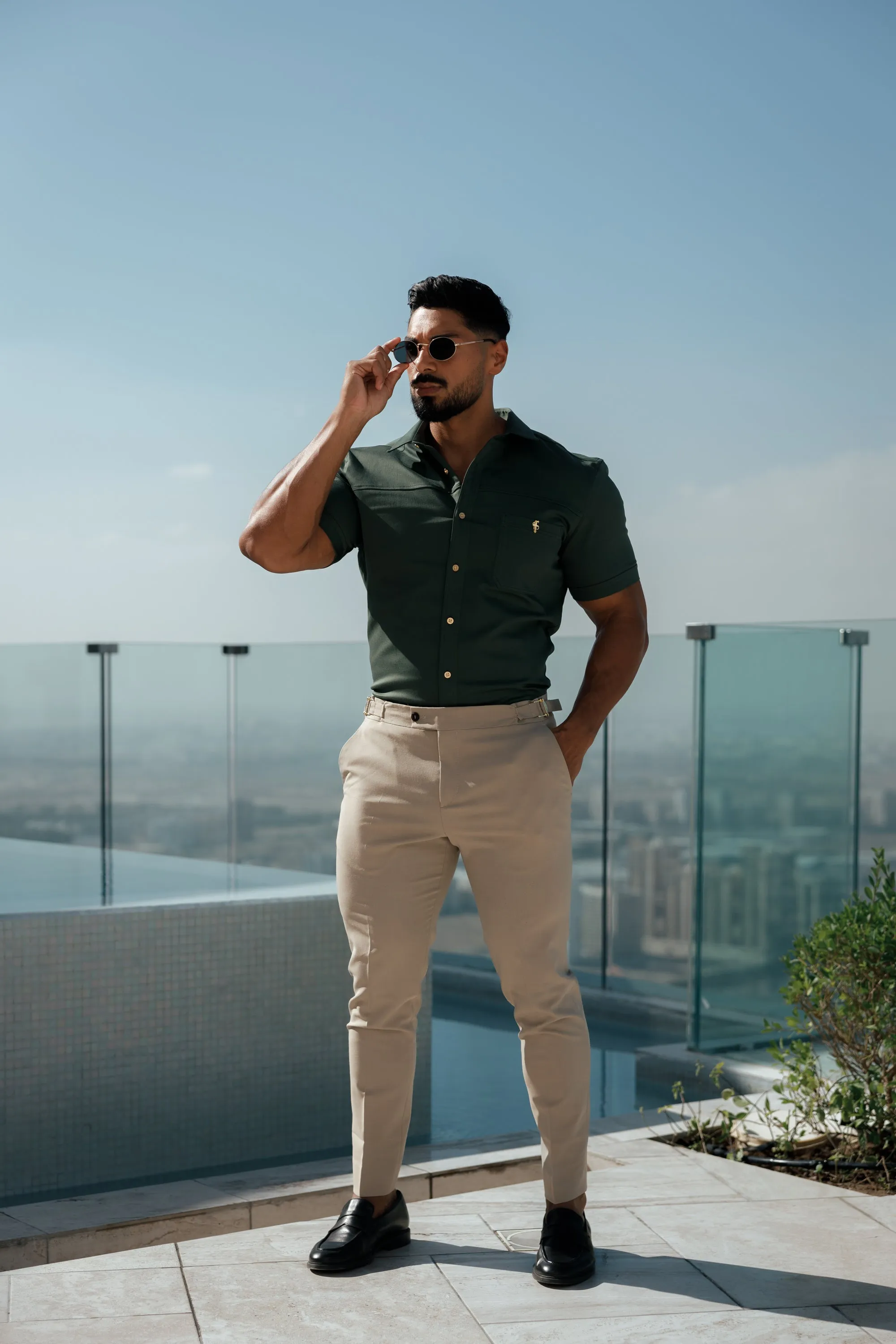 Father Sons Slim Formal Beige Stretch Trousers With Gold Waist Adjusters - FST017