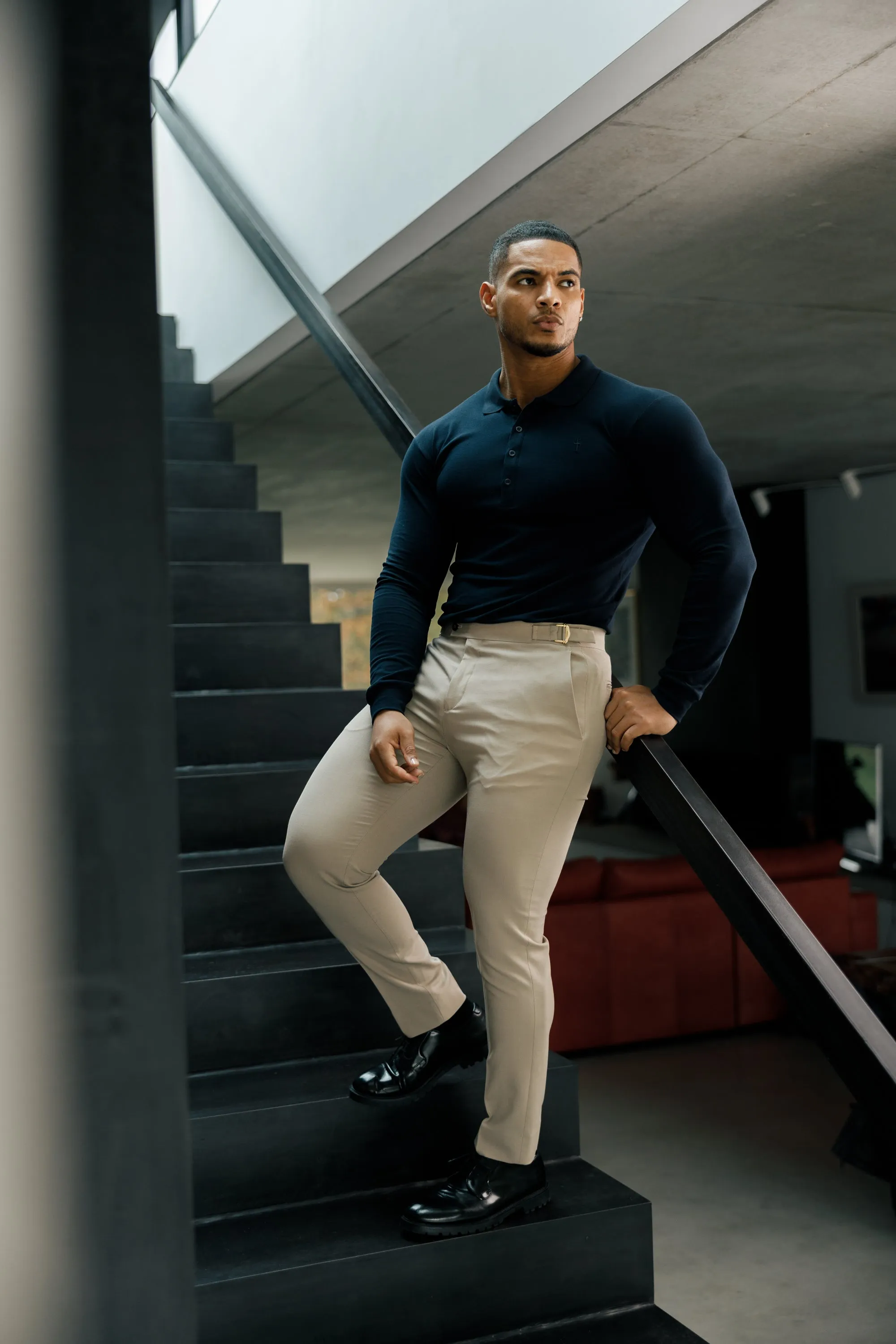 Father Sons Slim Formal Beige Stretch Trousers With Gold Waist Adjusters - FST017
