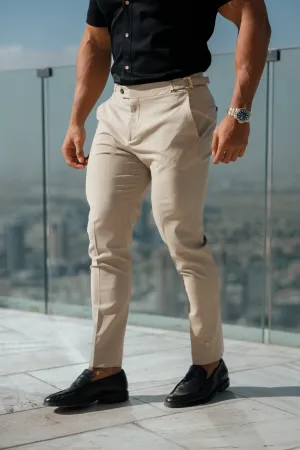 Father Sons Slim Formal Beige Stretch Trousers With Gold Waist Adjusters - FST017