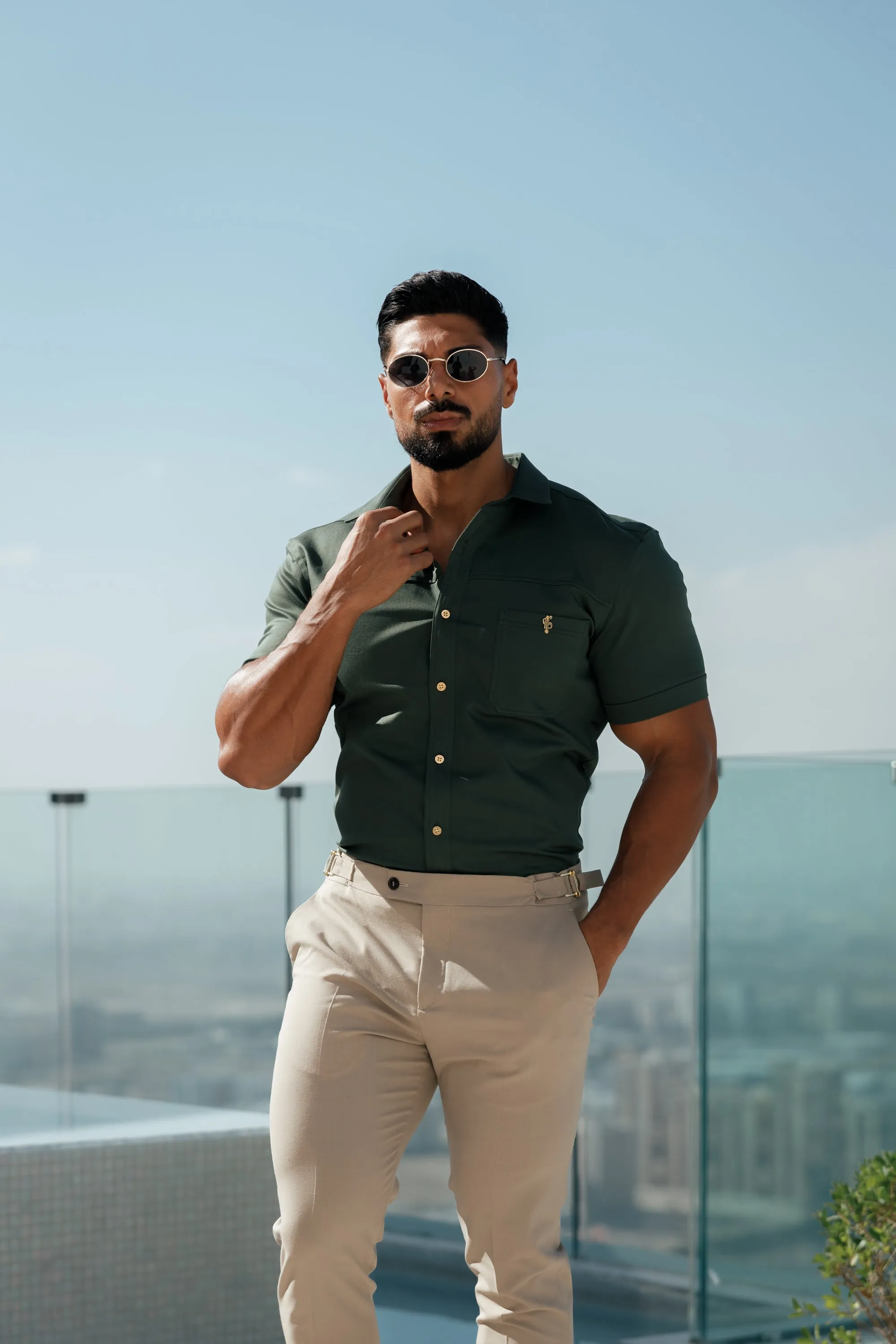 Father Sons Slim Formal Beige Stretch Trousers With Gold Waist Adjusters - FST017