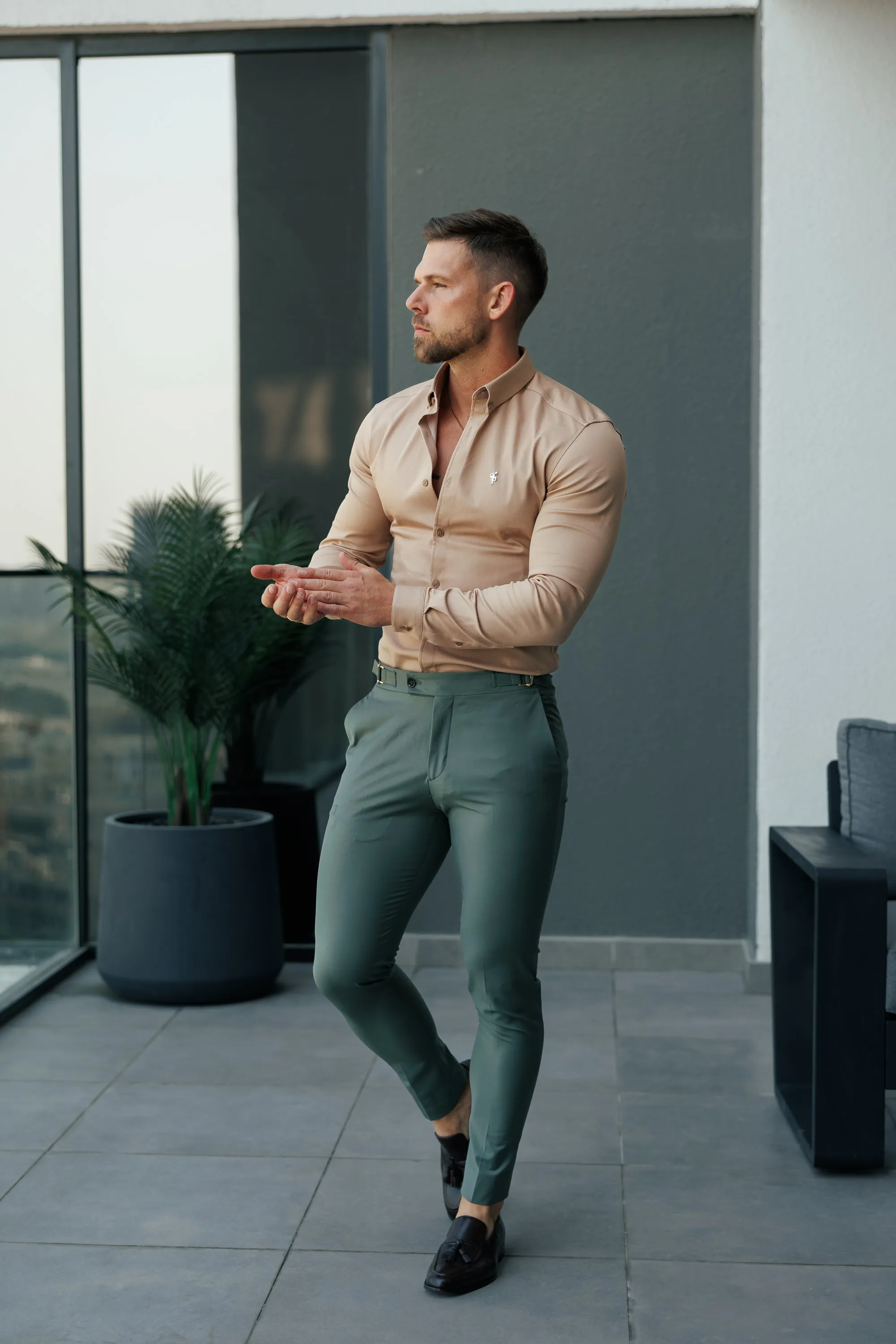 Father Sons Slim Formal Khaki Stretch Trousers with Side Adjusters - FST026
