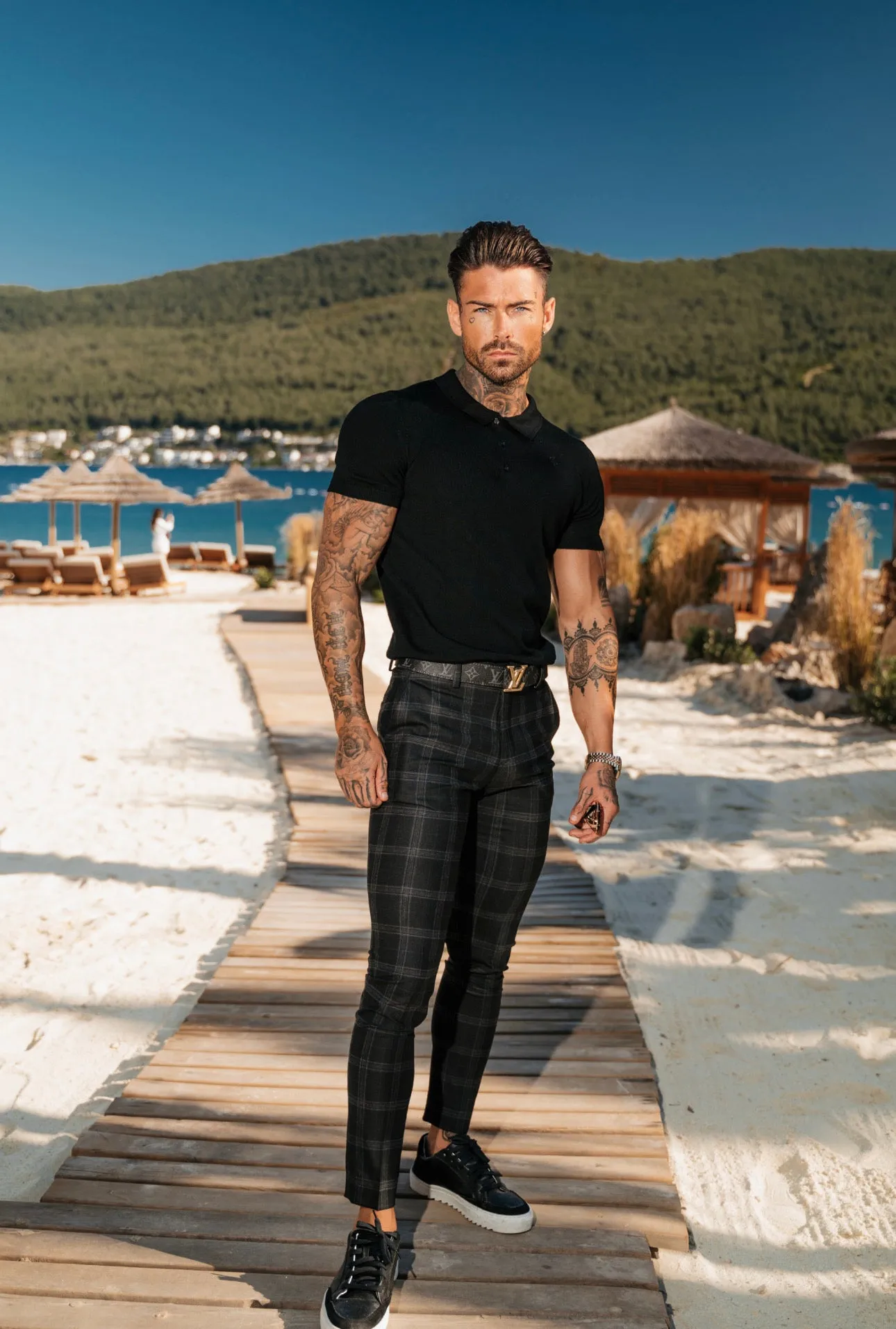 Father Sons Slim Formal Large Charcoal Check Stretch Trousers - FST007