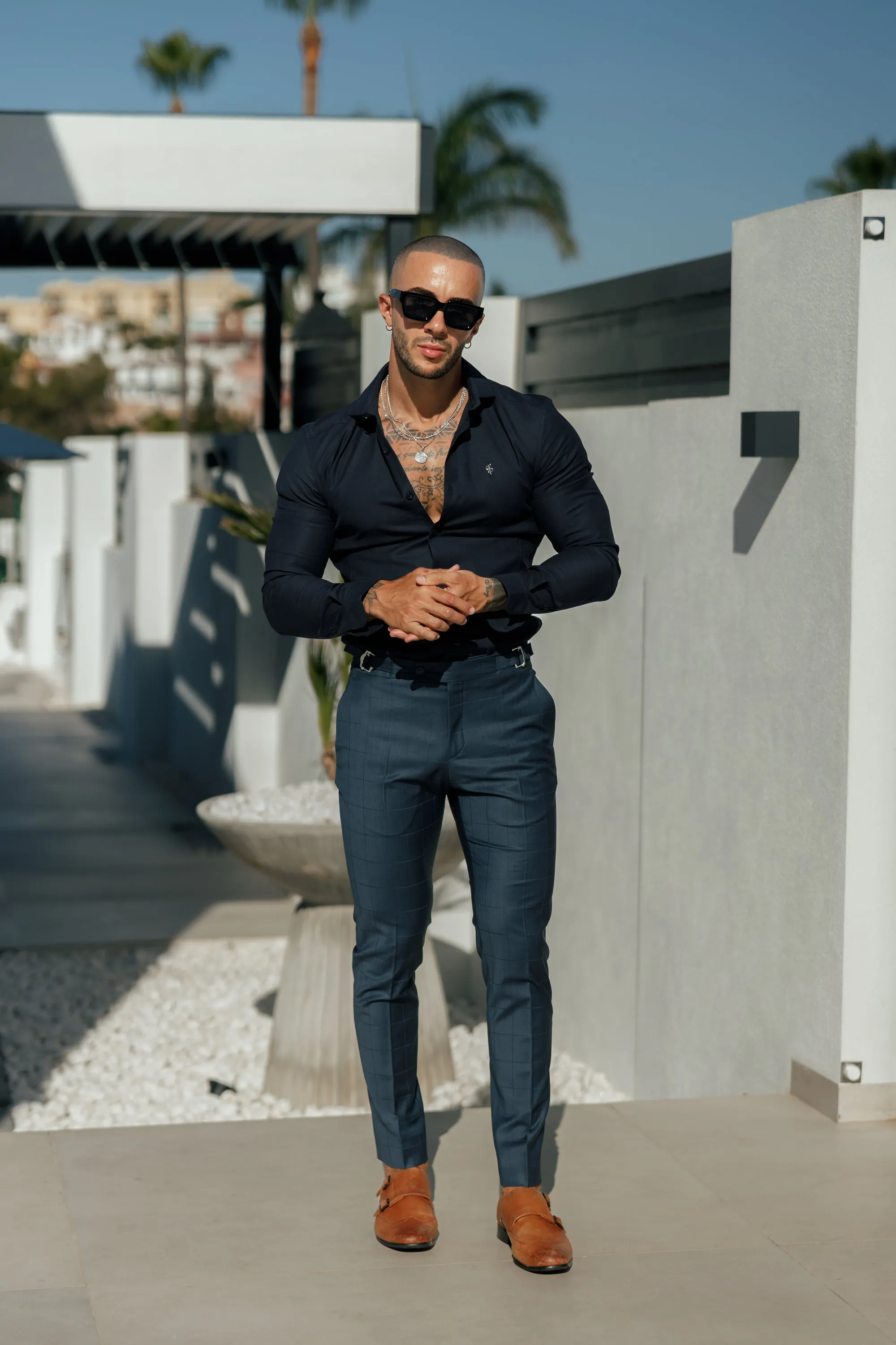 Father Sons Slim Formal Navy Self Check Stretch Trousers with Side Adjusters - FST030