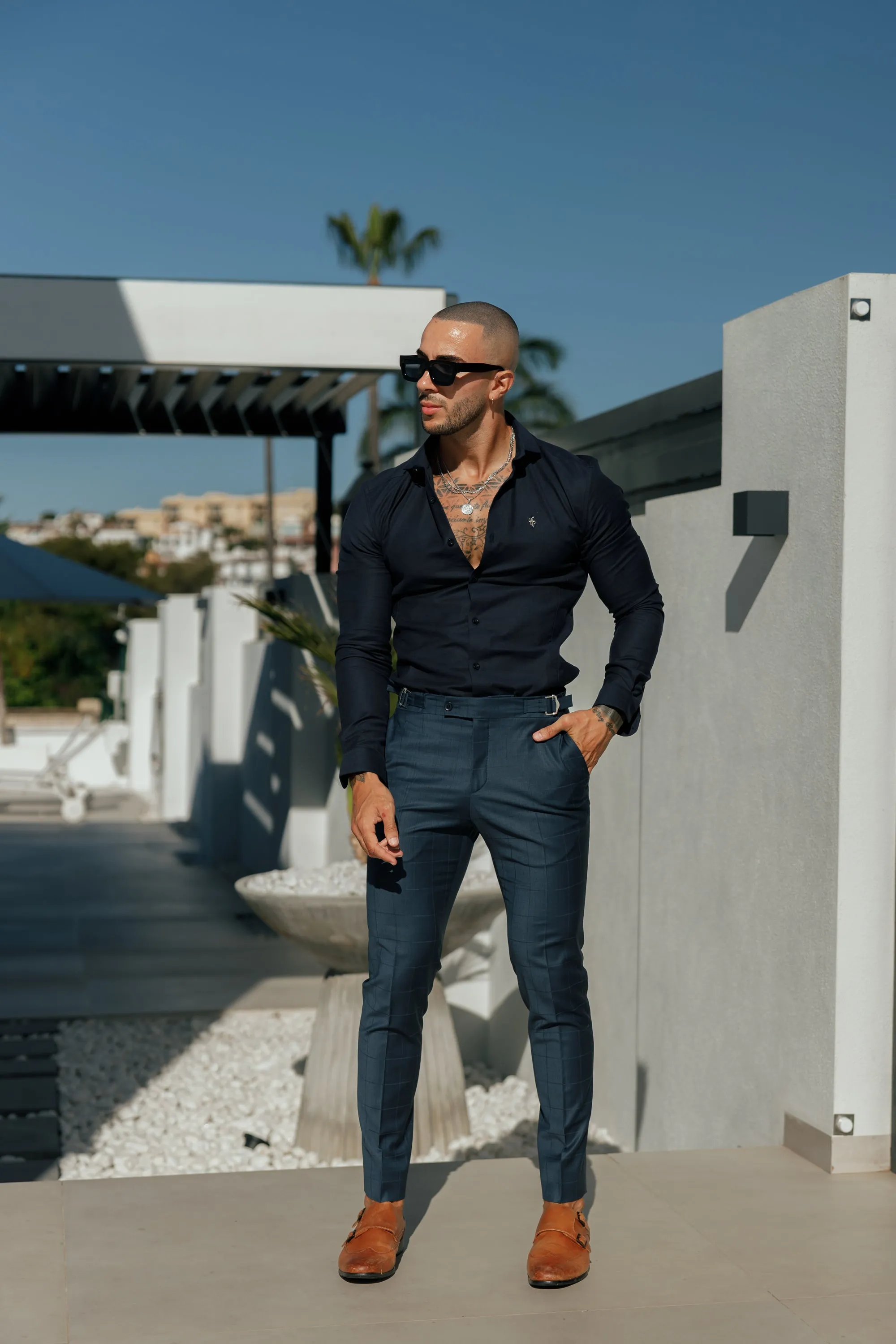Father Sons Slim Formal Navy Self Check Stretch Trousers with Side Adjusters - FST030