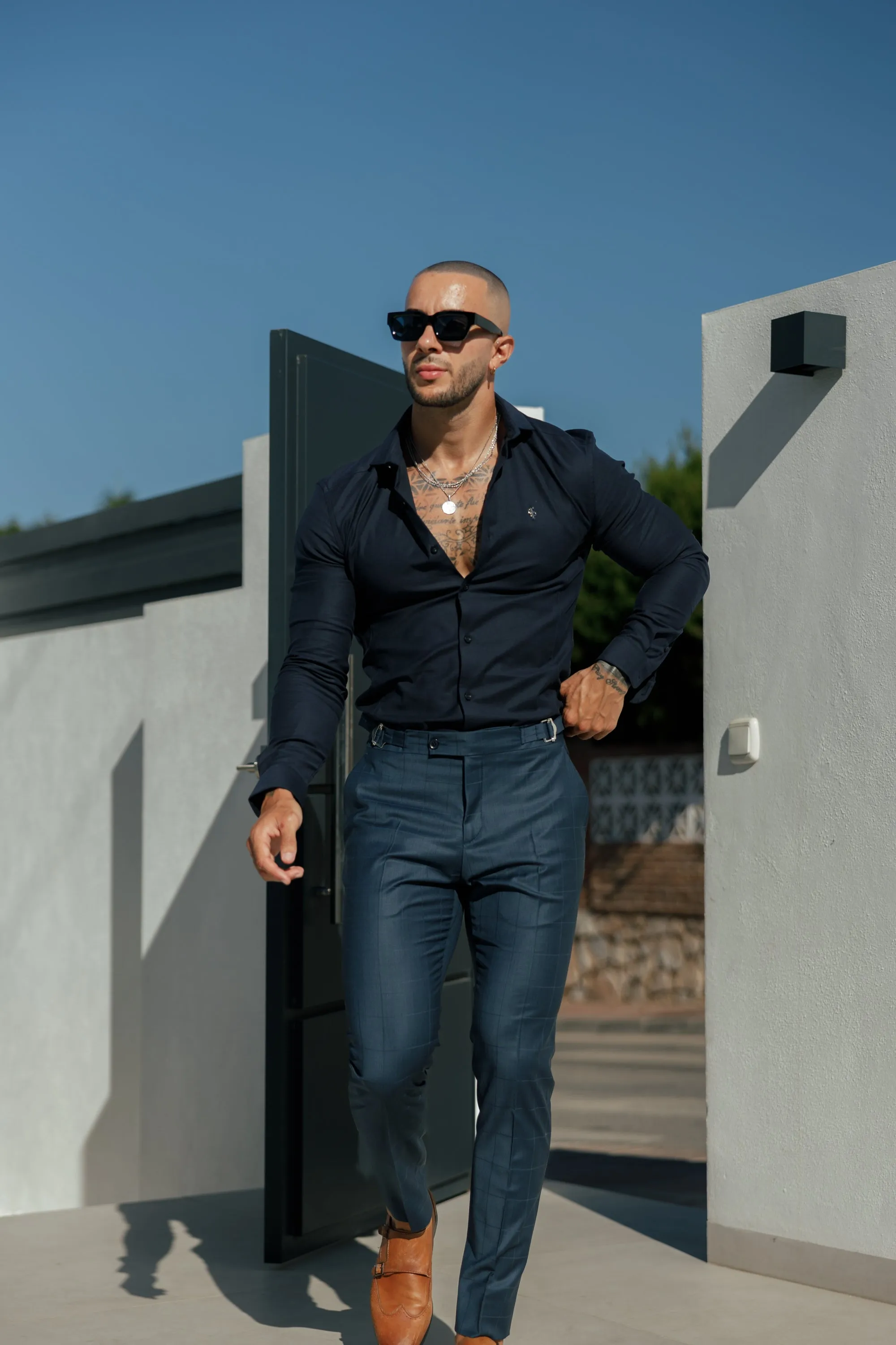 Father Sons Slim Formal Navy Self Check Stretch Trousers with Side Adjusters - FST030