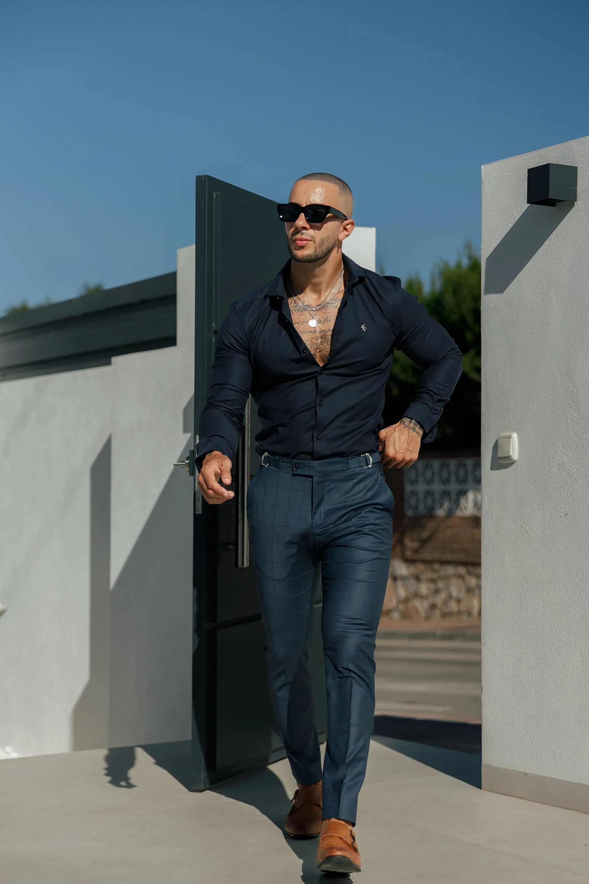 Father Sons Slim Formal Navy Self Check Stretch Trousers with Side Adjusters - FST030